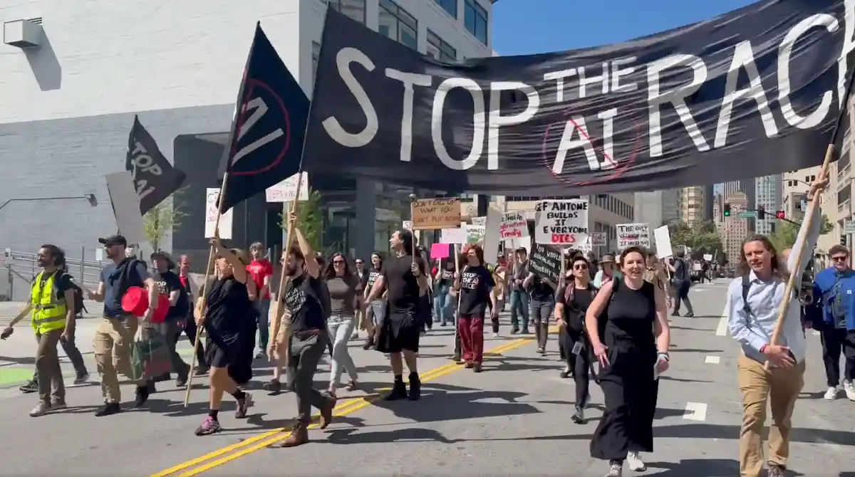 Stop The AI Race march through San Francisco with banner